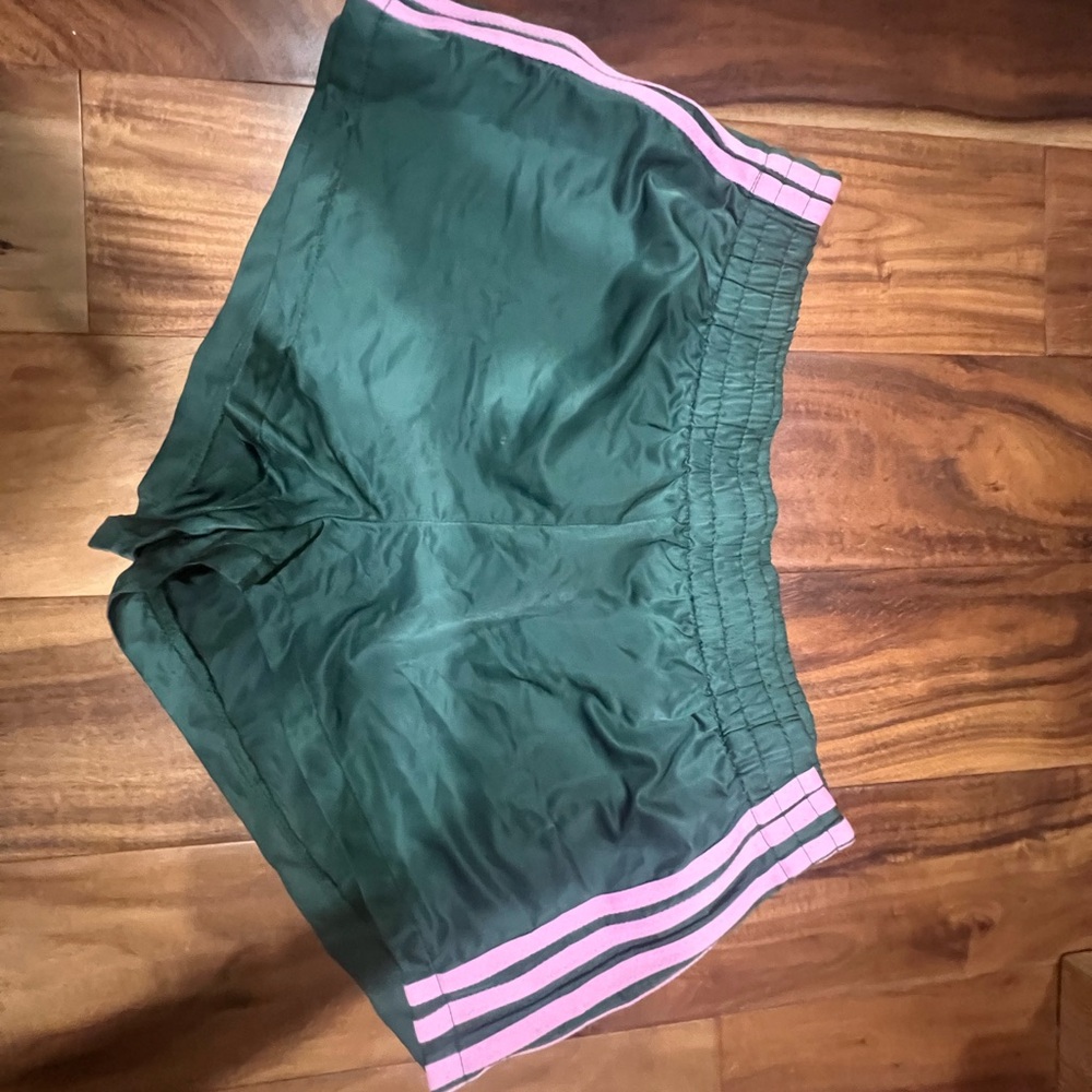 Edikted Green Satin Shorts with Pink Trim